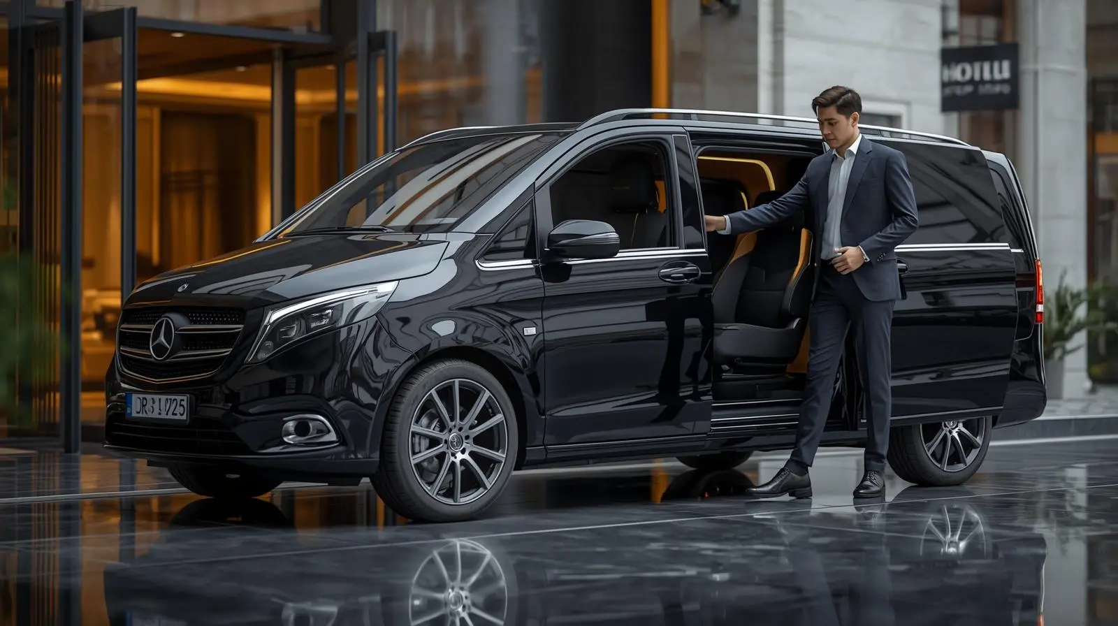 Mercedes Classe V noire avec chauffeur devant un hôtel