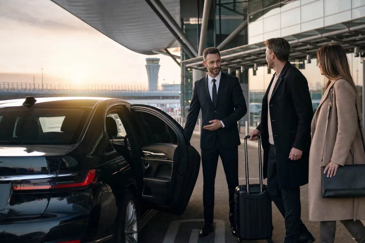 Chauffeur privé attendant un voyageur devant une gare